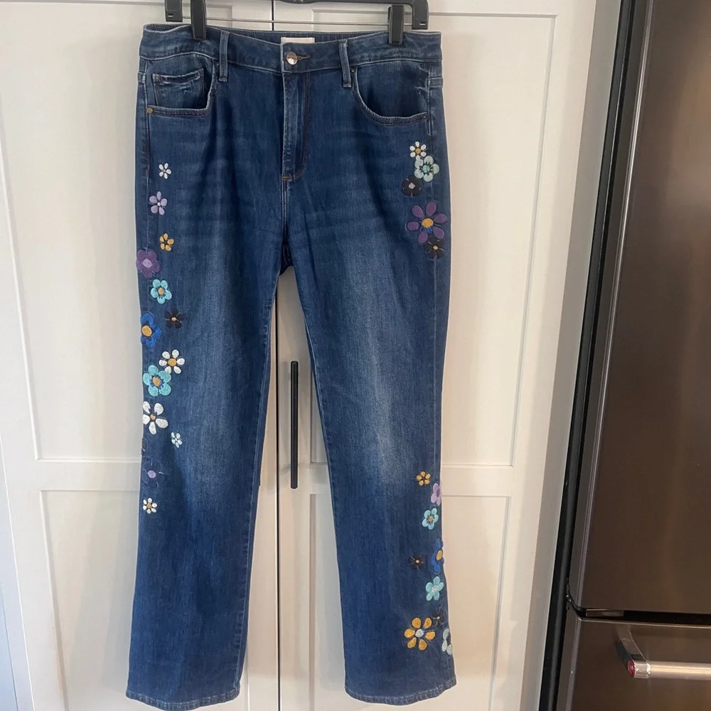 Blue Boot Cut Jeans with Floral Embroidery - Picture 1 of 7